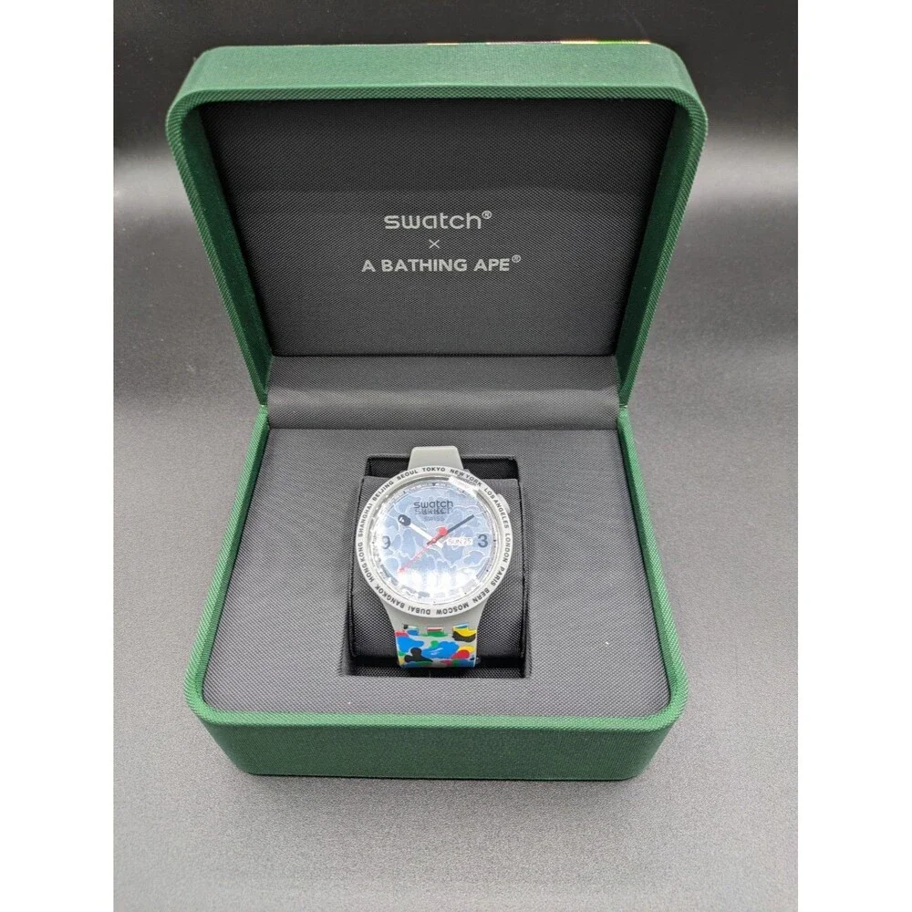 Swatch X A Bathing Ape Big Bold Gray Camo Men's Watch SO27Z710 New Complete